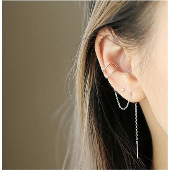 925 Sterling Silver Cuff Earrings Threader Chain for Women Crawler Earrings Wrap - Picture 2 of 7